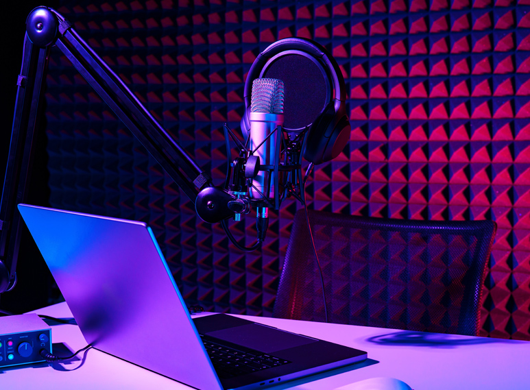 Green Room: Microphone and laptop in a recording room